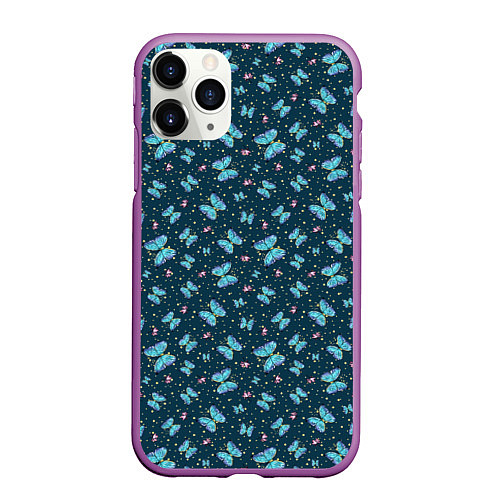 Чехол iPhone 11 Pro матовый Бабочки и цветы на фоне точек / 3D-Фиолетовый – фото 1