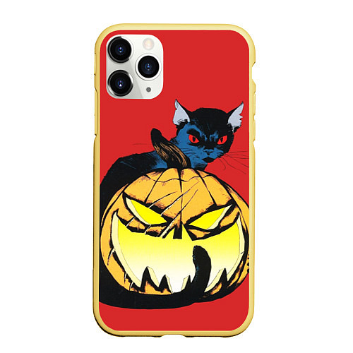 Чехол iPhone 11 Pro матовый Halloween - тыква и кот / 3D-Желтый – фото 1