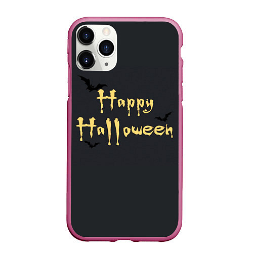 Чехол iPhone 11 Pro матовый Happy Halloween надпись с летучими мышами / 3D-Малиновый – фото 1