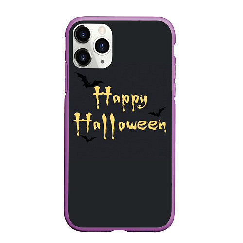 Чехол iPhone 11 Pro матовый Happy Halloween надпись с летучими мышами / 3D-Фиолетовый – фото 1