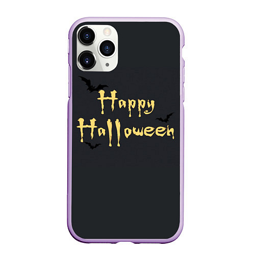 Чехол iPhone 11 Pro матовый Happy Halloween надпись с летучими мышами / 3D-Сиреневый – фото 1