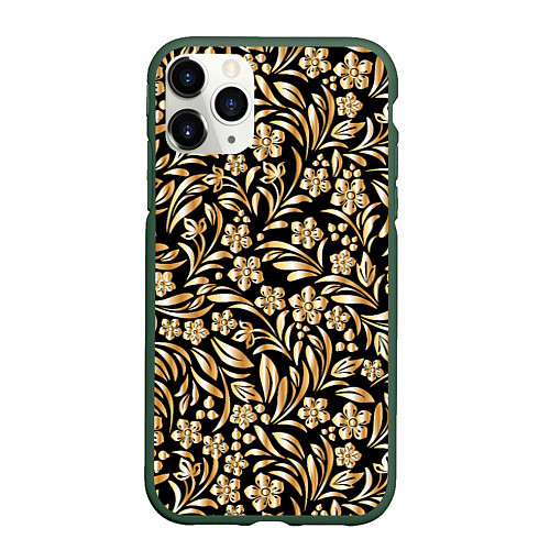 Чехол iPhone 11 Pro матовый Золотые узоры - цветы / 3D-Темно-зеленый – фото 1
