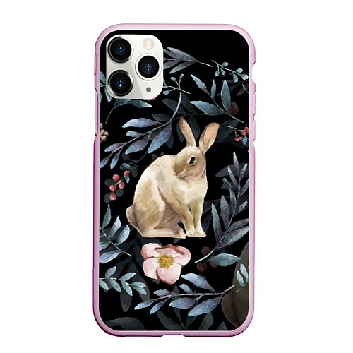 Чехол iPhone 11 Pro матовый Новогодний кролик - Веточки и цветочки / 3D-Розовый – фото 1