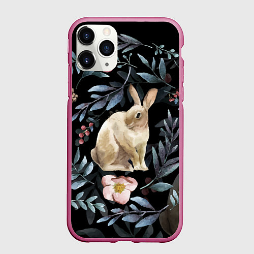 Чехол iPhone 11 Pro матовый Новогодний кролик - Веточки и цветочки / 3D-Малиновый – фото 1