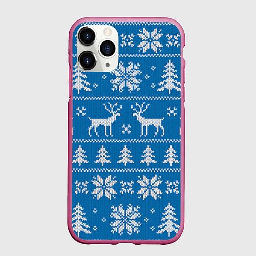 Чехол iPhone 11 Pro матовый Рождественский синий свитер с оленями / 3D-Малиновый – фото 1