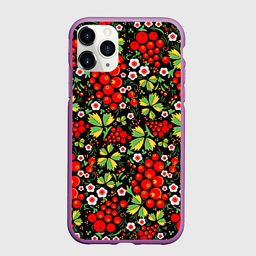 Чехол iPhone 11 Pro матовый Русские узоры - цветы и ягоды / 3D-Фиолетовый – фото 1