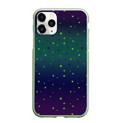 Чехол iPhone 11 Pro матовый Неоновые зеленые и сиреневые звезды на темно зелен, цвет: 3D-салатовый