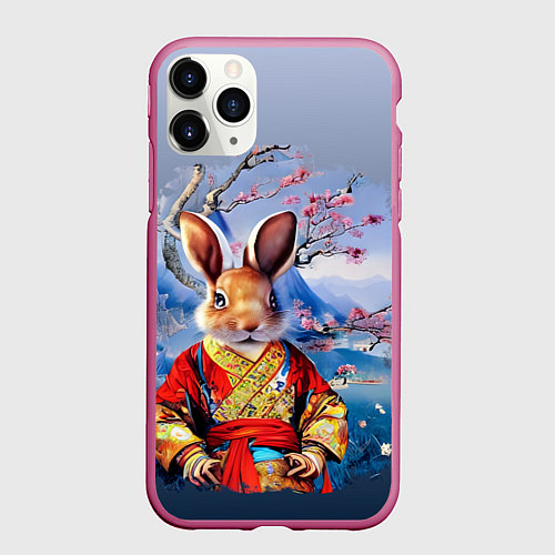 Чехол iPhone 11 Pro матовый Кролик в китайском халате / 3D-Малиновый – фото 1