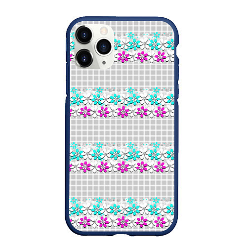 Чехол iPhone 11 Pro матовый Цветочный узор бирюзово-розовый на сером клетчатом / 3D-Тёмно-синий – фото 1