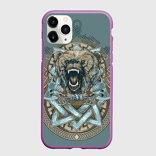 Чехол iPhone 11 Pro матовый Голова медведя-викинга / 3D-Фиолетовый – фото 1