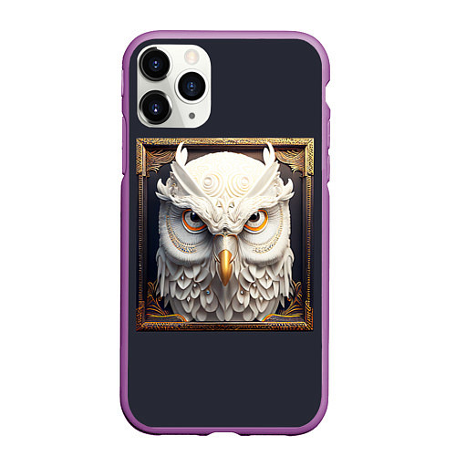 Чехол iPhone 11 Pro матовый Белая сова - барельеф в раме / 3D-Фиолетовый – фото 1