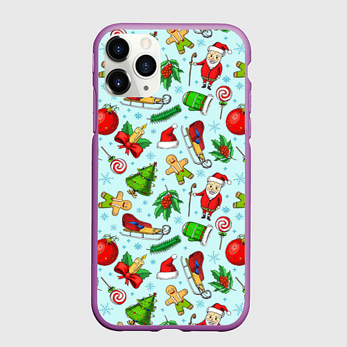 Чехол iPhone 11 Pro матовый Новогодний паттерн / 3D-Фиолетовый – фото 1