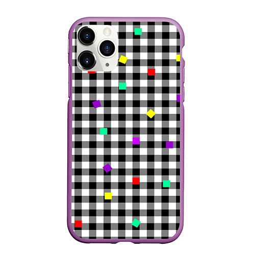 Чехол iPhone 11 Pro матовый Черно-белая клетка с цветными квадратами / 3D-Фиолетовый – фото 1