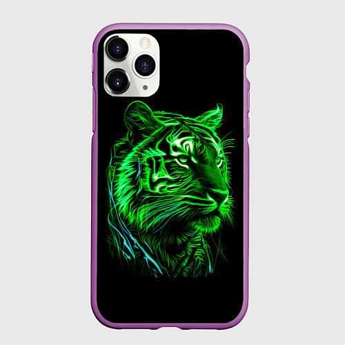 Чехол iPhone 11 Pro матовый Нейросеть: неоновый зелёный тигр / 3D-Фиолетовый – фото 1