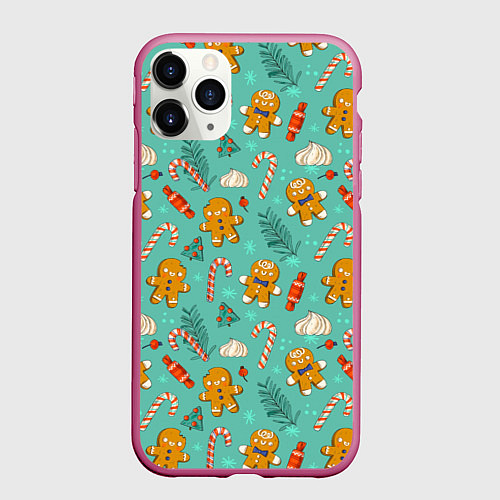 Чехол iPhone 11 Pro матовый Новогодний паттерн с печеньем и конфетами / 3D-Малиновый – фото 1