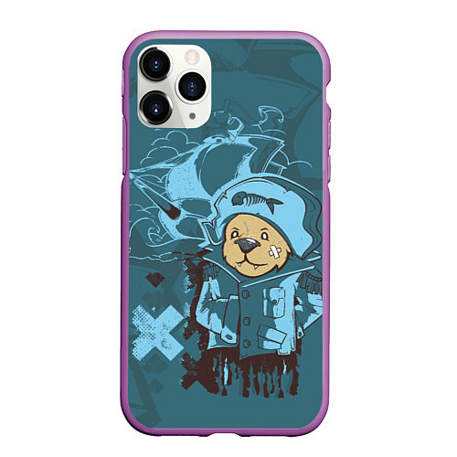 Чехол iPhone 11 Pro матовый Медведь-капитан / 3D-Фиолетовый – фото 1