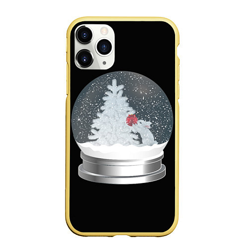 Чехол iPhone 11 Pro матовый Снежный шар с символом года кроликом / 3D-Желтый – фото 1