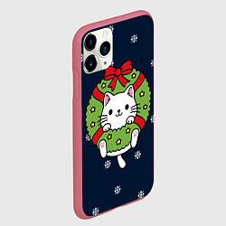 Чехол iPhone 11 Pro матовый Новогодний котик - иллюстрация, цвет: 3D-малиновый — фото 2