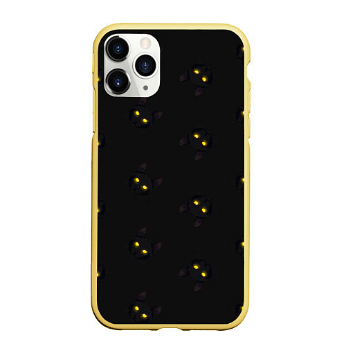 Чехол iPhone 11 Pro матовый Эстетика Черный кот на темном фоне / 3D-Желтый – фото 1