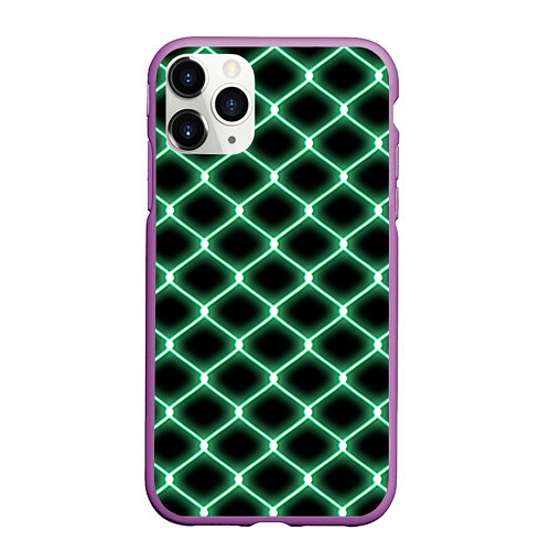 Чехол iPhone 11 Pro матовый Зелёная неоновая сетка / 3D-Фиолетовый – фото 1