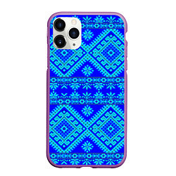 Чехол iPhone 11 Pro матовый Сине-голубые узоры - вышивка, цвет: 3D-фиолетовый