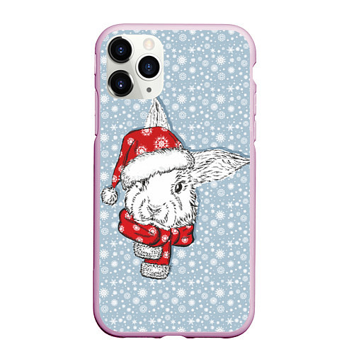 Чехол iPhone 11 Pro матовый Новогодний кролик в шапочке / 3D-Розовый – фото 1