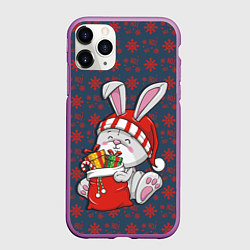 Чехол iPhone 11 Pro матовый Кролик на фоне красных снежинок