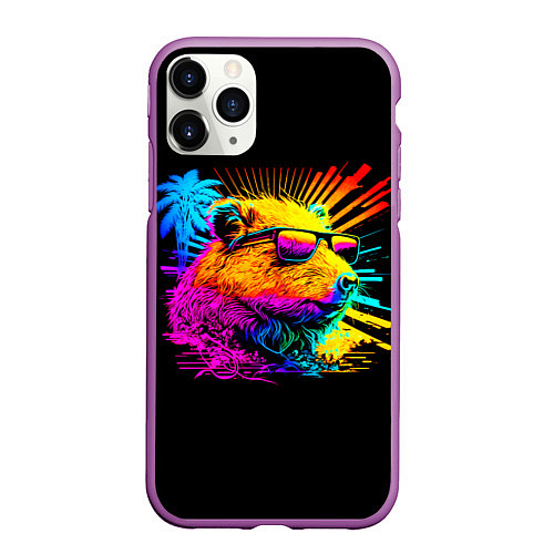 Чехол iPhone 11 Pro матовый Капибара в тёмных очках - поп арт / 3D-Фиолетовый – фото 1