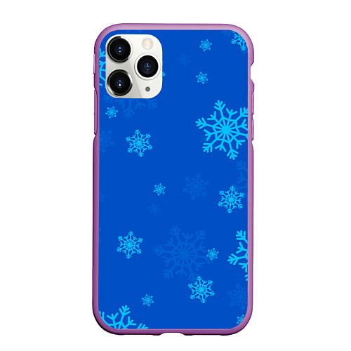Чехол iPhone 11 Pro матовый Снежинки - синий / 3D-Фиолетовый – фото 1
