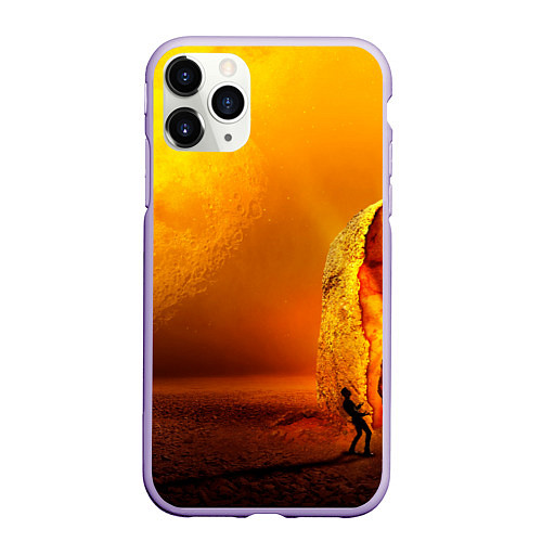 Чехол iPhone 11 Pro матовый Оранжевый космос и луна / 3D-Светло-сиреневый – фото 1