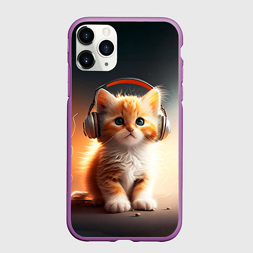 Чехол iPhone 11 Pro матовый Милый рыжий котёнок в наушниках / 3D-Фиолетовый – фото 1