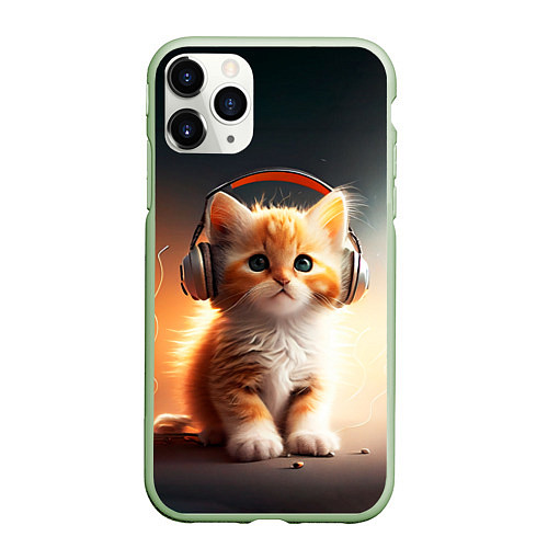 Чехол iPhone 11 Pro матовый Милый рыжий котёнок в наушниках / 3D-Салатовый – фото 1