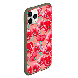 Чехол iPhone 11 Pro матовый Красные маки - паттерн, цвет: 3D-темно-зеленый — фото 2