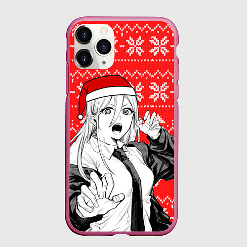 Чехол iPhone 11 Pro матовый Новогодняя Пауэр: Человек-бензопила / 3D-Малиновый – фото 1