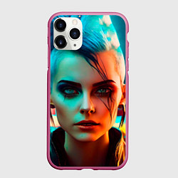 Чехол iPhone 11 Pro матовый Нейросеть - девушка в стиле киберпанк, цвет: 3D-малиновый