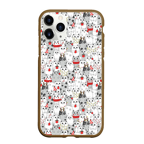 Чехол iPhone 11 Pro матовый Новогодний паттерн с котиками / 3D-Коричневый – фото 1