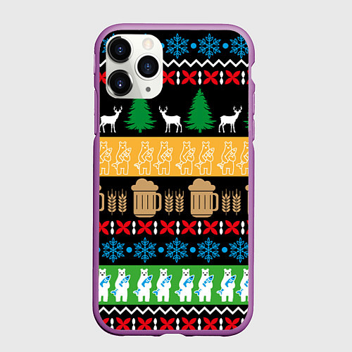 Чехол iPhone 11 Pro матовый Новогодний узор с пивом / 3D-Фиолетовый – фото 1