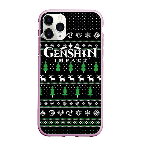 Чехол iPhone 11 Pro матовый Новогодний свитер - Genshin impact / 3D-Розовый – фото 1