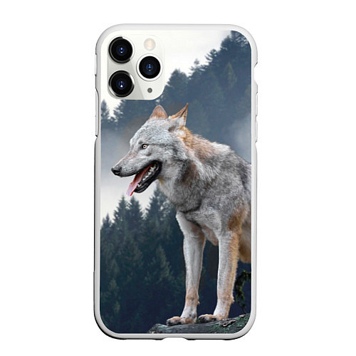 Чехол iPhone 11 Pro матовый Волк на фоне леса / 3D-Белый – фото 1