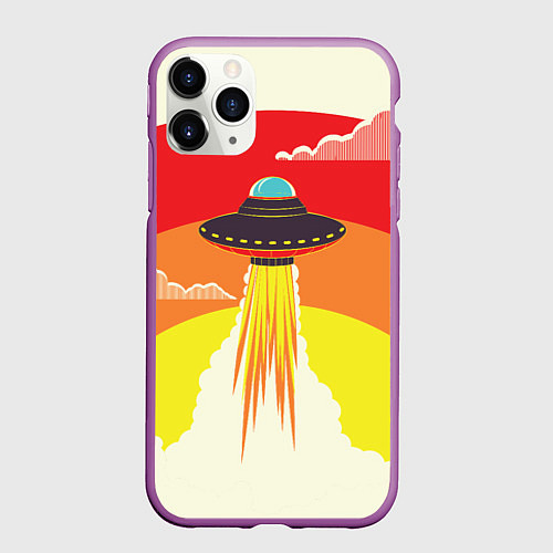 Чехол iPhone 11 Pro матовый Ретро футуризм летающий корабль НЛО / 3D-Фиолетовый – фото 1
