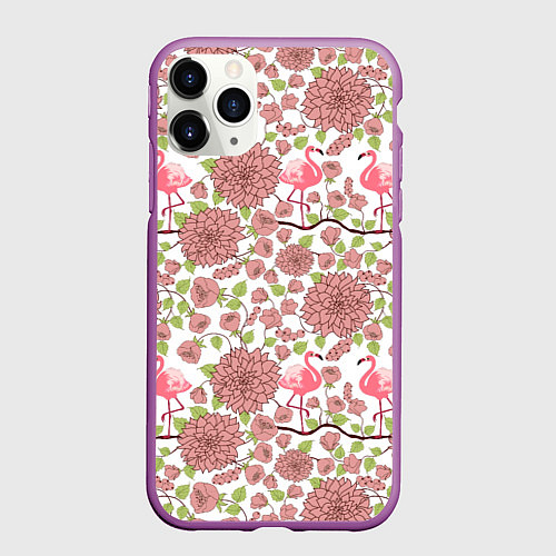 Чехол iPhone 11 Pro матовый Фламинго и лотосы / 3D-Фиолетовый – фото 1