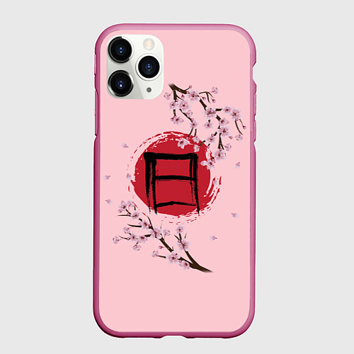 Чехол iPhone 11 Pro матовый Цветущая сакура с иероглифом cолнце / 3D-Малиновый – фото 1