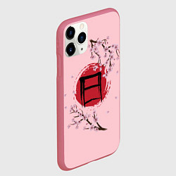 Чехол iPhone 11 Pro матовый Цветущая сакура с иероглифом cолнце, цвет: 3D-малиновый — фото 2