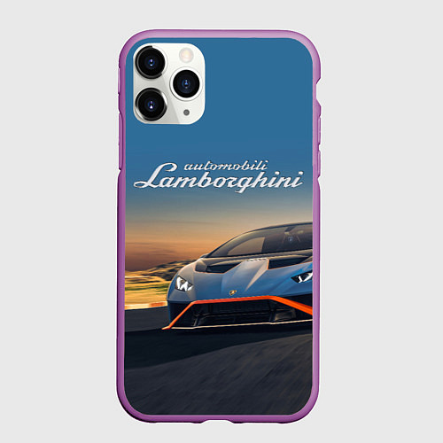 Чехол iPhone 11 Pro матовый Lamborghini Huracan STO - car racing / 3D-Фиолетовый – фото 1