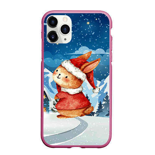 Чехол iPhone 11 Pro матовый Новогодний заяц снежный фон / 3D-Малиновый – фото 1