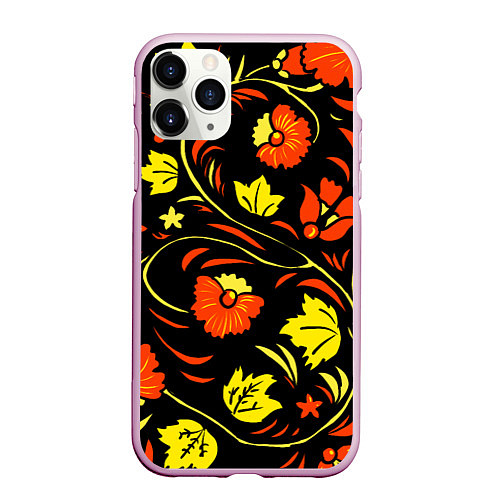 Чехол iPhone 11 Pro матовый Хохлома черный фон / 3D-Розовый – фото 1