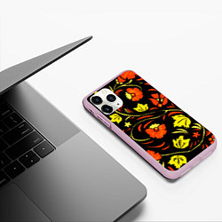 Чехол iPhone 11 Pro матовый Хохлома черный фон, цвет: 3D-розовый — фото 2