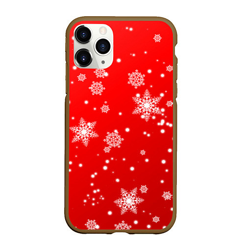 Чехол iPhone 11 Pro матовый Снежинки на красном фоне / 3D-Коричневый – фото 1