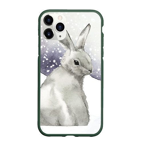 Чехол iPhone 11 Pro матовый Милый кролик на снегу / 3D-Темно-зеленый – фото 1