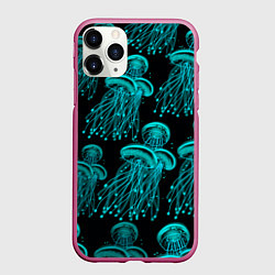 Чехол iPhone 11 Pro матовый Неоновые медузы, цвет: 3D-малиновый